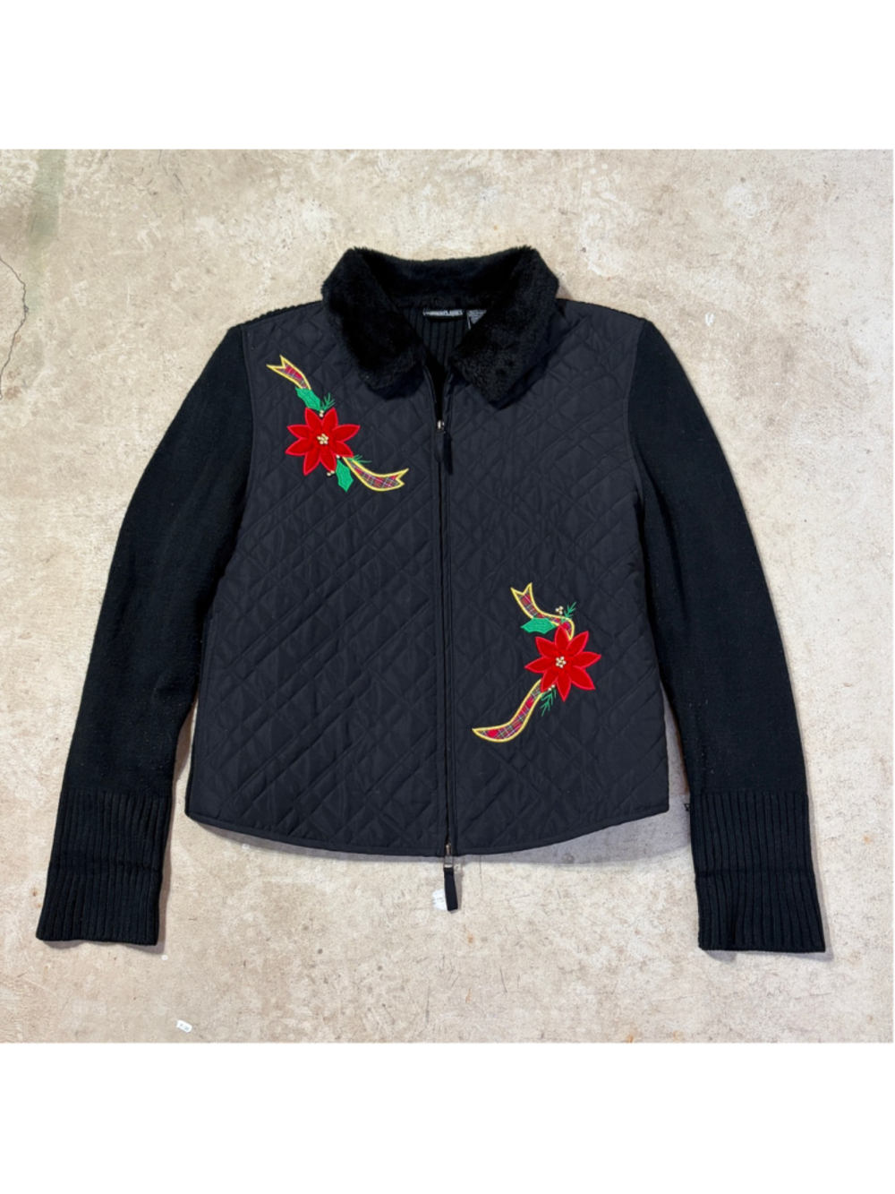 Vintage Christmas Poinsettia Quilted Zip Up Jacket Faux Fur Trim Women’s XL